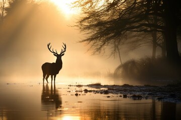 Fototapeta na wymiar Red deer stag silhouette in the mist 