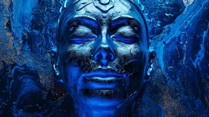 Eroded Metal Smiling Bald Cybernetic Cobalt Neptunian Queen on a Dark Gradient Background - Vulcan Meditation Sci-fi Symbols in Colored Blue India Ink Wallpaper created with Generative AI Technology