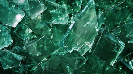  a pile of broken glass sitting on top of a pile of green pieces of glass on top of a table.