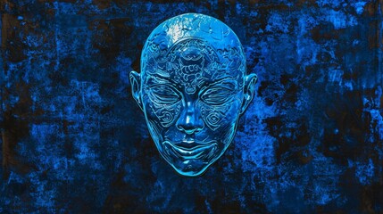 Eroded Metal Smiling Bald Cybernetic Cobalt Neptunian Queen on a Dark Gradient Background - Vulcan Meditation Sci-fi Symbols in Colored Blue India Ink Wallpaper created with Generative AI Technology