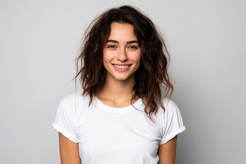 Obraz premium Happy woman with white shirt created with Generative AI
