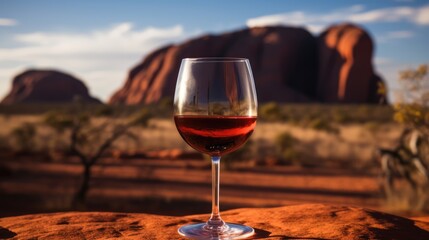 A glass of red wine in the desert. Australian wine concept.
