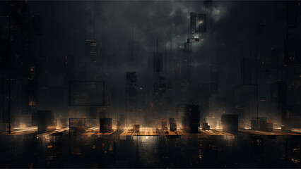 3D illustration of a futuristic city at night with lights and smoke