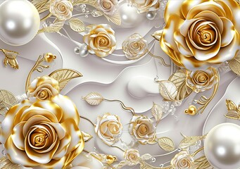 An image with gold rose flowers, pearls and pearls, in the style of hyper-detailed illustrations, 32k uhd, white, asymmetric designs, maranao art, vividly bold designs, white and gold.