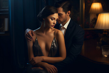 Couple in warm, softly lit setting. Female in elegant night dress, capturing realistic, sensual, and passionate emotions between them.