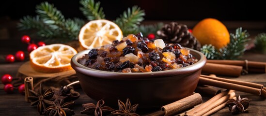 Festively decorated mincemeat bowl with dried fruit, cinnamon sticks, anise, and Christmas tree branches for traditional winter pies.