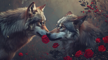 Two majestic wolves delicately sniffing a vibrant rose, captured in a stunning painting that captures the beauty and grace of these wild creatures