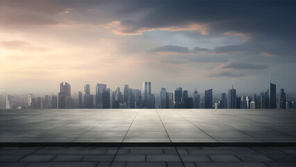 Empty square floor with modern cityscape background. 3D Rendering