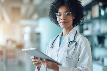 Confident Healthcare Professional Reviewing Patient Records on Tablet