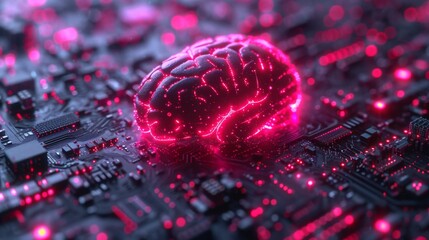 un cerveau rose en pleins travaille collé sur une carte électronique