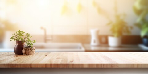 Morning background with blurred kitchen room interior, featuring a wooden table top island. Ideal for product display or key visual design layout.