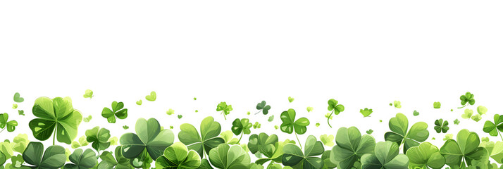 Card template with empty space for St. Patrick's Day with green four and clover on white background, party invitation design. Banner with empty space for text.