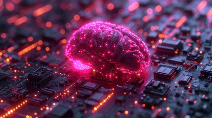 Fotobehang un cerveau rose en pleins travaille collé sur une carte électronique © jp