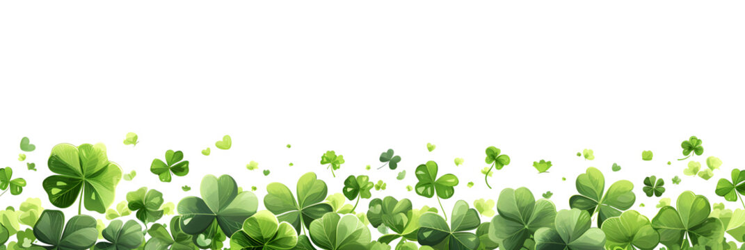 Card template with empty space for St. Patrick's Day with green four and clover on white background, party invitation design. Banner with empty space for text.