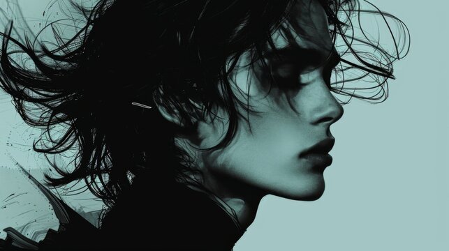 portrait homme avec ombre et cheveux long avec couleur dominante verte bleut&eacute;, id&eacute;al publicit&eacute; parfum