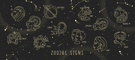 Obraz na płótnie Canvas Modern magic witchcraft astrology background with zodiac constellations in the night sky. Vector illustration
