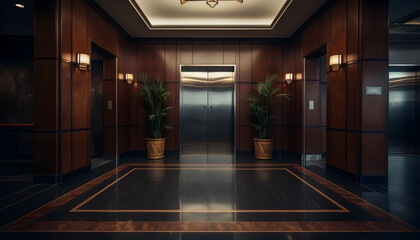 Blank simple metal silver elevator door for branding in elegant hotel lobby - obrazy, fototapety, plakaty