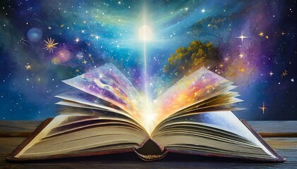 an open book titled "The Universe Unfolds," where each page holds a different dimension of dreams. Use a combination of bold strokes and intricate details to convey the variety and depth of the dreams