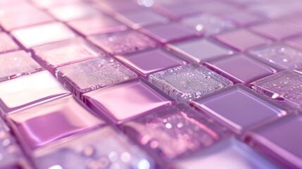  a close up view of a purple and white glass mosaic tile wall with water droplets on the bottom of the tiles.