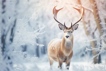 Naklejka na ściany i meble Noble deer male in winter snow forest. Artistic winter Christmas landscape.