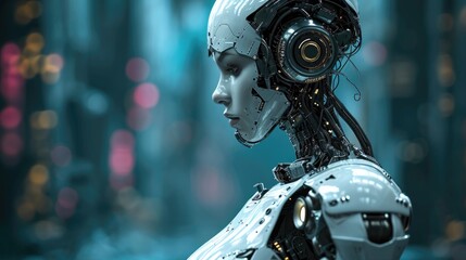 Fototapeta premium Humanoid robot in futuristic cyberspace with blur background