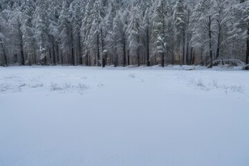 Obraz premium Snow blankets the trees in a winter forest, creating a serene landscape of white, with a frosty atmosphere under the blue sky