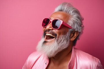 asian happy man with beard and sunglasses on pink background