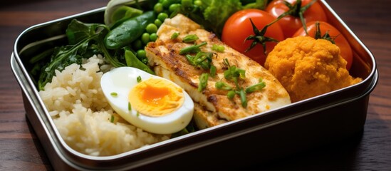 Curry fish, veggies, boiled eggs, tofu, and truffle risotto in a lunch box - Powered by Adobe