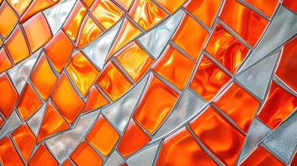  a close up of a glass window with a pattern of orange and silver squares on the outside of the glass.