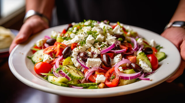 Male Hands holding a white plate with delicious and healthy greek salad with sliced cucumber, red onions, feta cheese, tomatoes and olives.