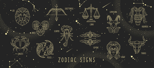 Modern magic witchcraft astrology background with zodiac constellations in the night sky. Vector illustration - obrazy, fototapety, plakaty