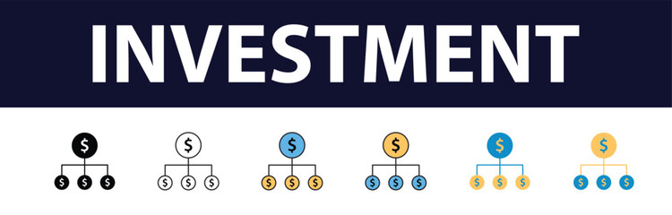 Investment color fill icon set. Investment, Profit, Asset, Investor, Portfolio, Dividend, Capital, Risk, Inflation icons vector, icon, analysis, asset, bond, economy, education, icon, analysis, asset,