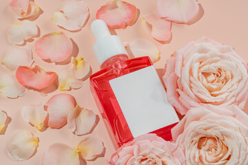 glass cosmetic bottle with a dropper on pink background with rose flowers. Natural cosmetics concept, natural essential oil and skin care products