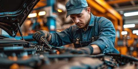 Fotobehang Mechaniker, der am Motor des Autos arbeitet © Fatih