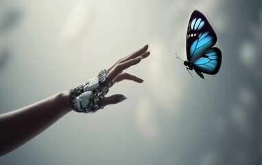 robot girl on a light background, her hand reaches out to a flying, live, real butterfly 