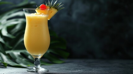  a drink with a pineapple garnish on the top and a red cherry on the top of it.