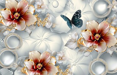 beautiful flowers wallpaper with butterflies and circles, in the style of anamorphic lens, blue and white glaze, eye-catching resin jewelry, soft shading, distinct framing, romantic scenery.