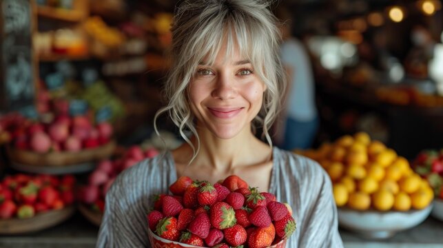 femme s&eacute;nior portant dans ces mains une corbeille de fraise