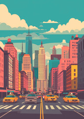 Minimalist illustration of New York City with a retro style and multiple colors. USA. skyscrapers, manhattan and typical yellow taxis