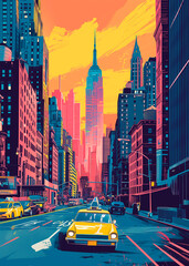 Minimalist illustration of New York City with a retro style and multiple colors. USA. skyscrapers, manhattan and typical yellow taxis - obrazy, fototapety, plakaty