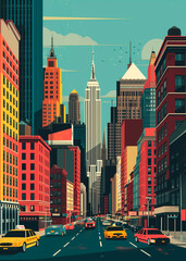 Minimalist illustration of New York City with a retro style and multiple colors. USA. skyscrapers, manhattan and typical yellow taxis