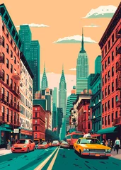 Fototapeten Minimalist illustration of New York City with a retro style and multiple colors. USA. skyscrapers, manhattan and typical yellow taxis © Enrique