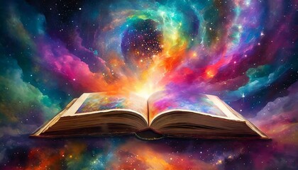magic book with magic light.an open book titled "The Universe Unfolds," showcasing a continuous flow of dreams and fantasies across its pages. Use a harmonious color palette and smooth transitions to 
