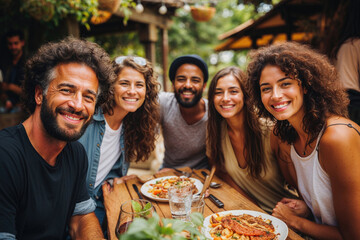 Generative AI image of cheerful multiethnic friends sharing a meal at an outdoor gathering