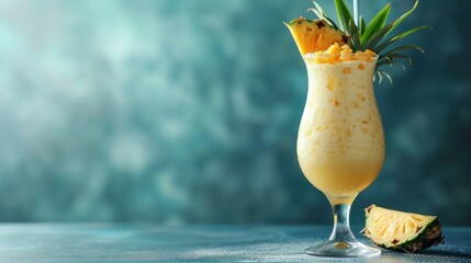  a drink in a tall glass with a pineapple garnish and a slice of pineapple on the side.