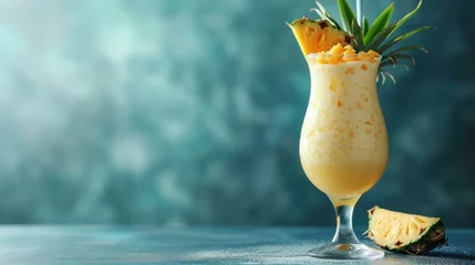 Poster  a drink in a tall glass with a pineapple garnish and a slice of pineapple on the side. © Shanti