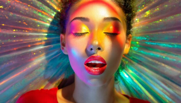 mulher l&aacute;bios vermelhos deitada, cabelos longos, glitter. conceito er&oacute;tico