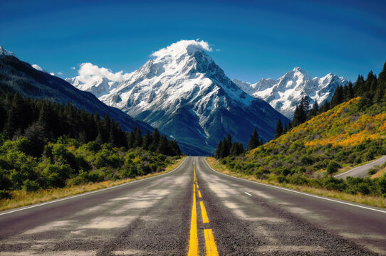 Generative AI image of a majestic mountain with snowy peaks and a clear blue sky, with a road leading towards it