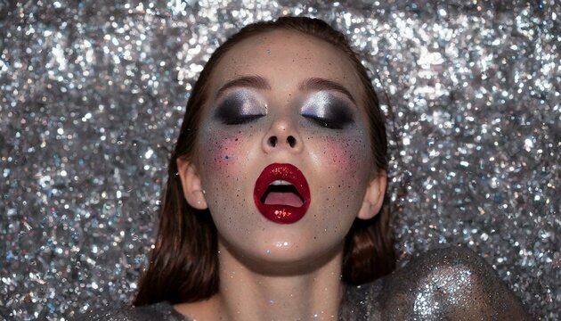 mulher ruiva l&aacute;bios vermelhos deitada, cabelos longos ruivos, glitter. conceito er&oacute;tico