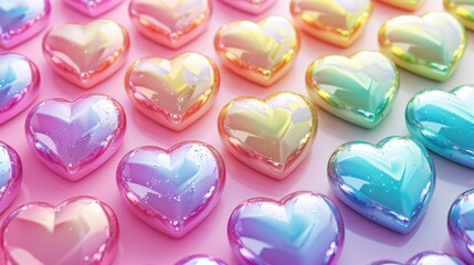  a group of heart shaped candies sitting on top of a pink and blue surface with drops of water on them.